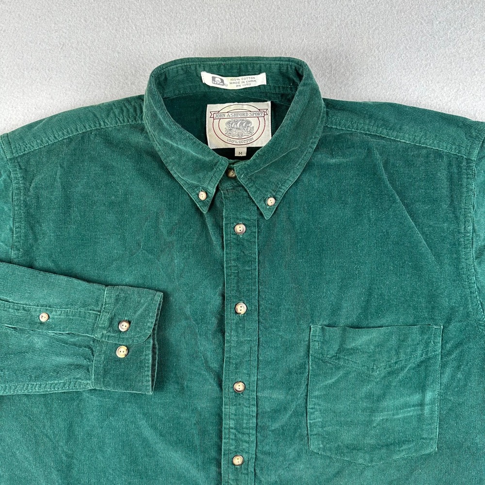 John Ashford Sport Corduroy Shirt Mens Medium Green Long Sleeve Button Down 1527